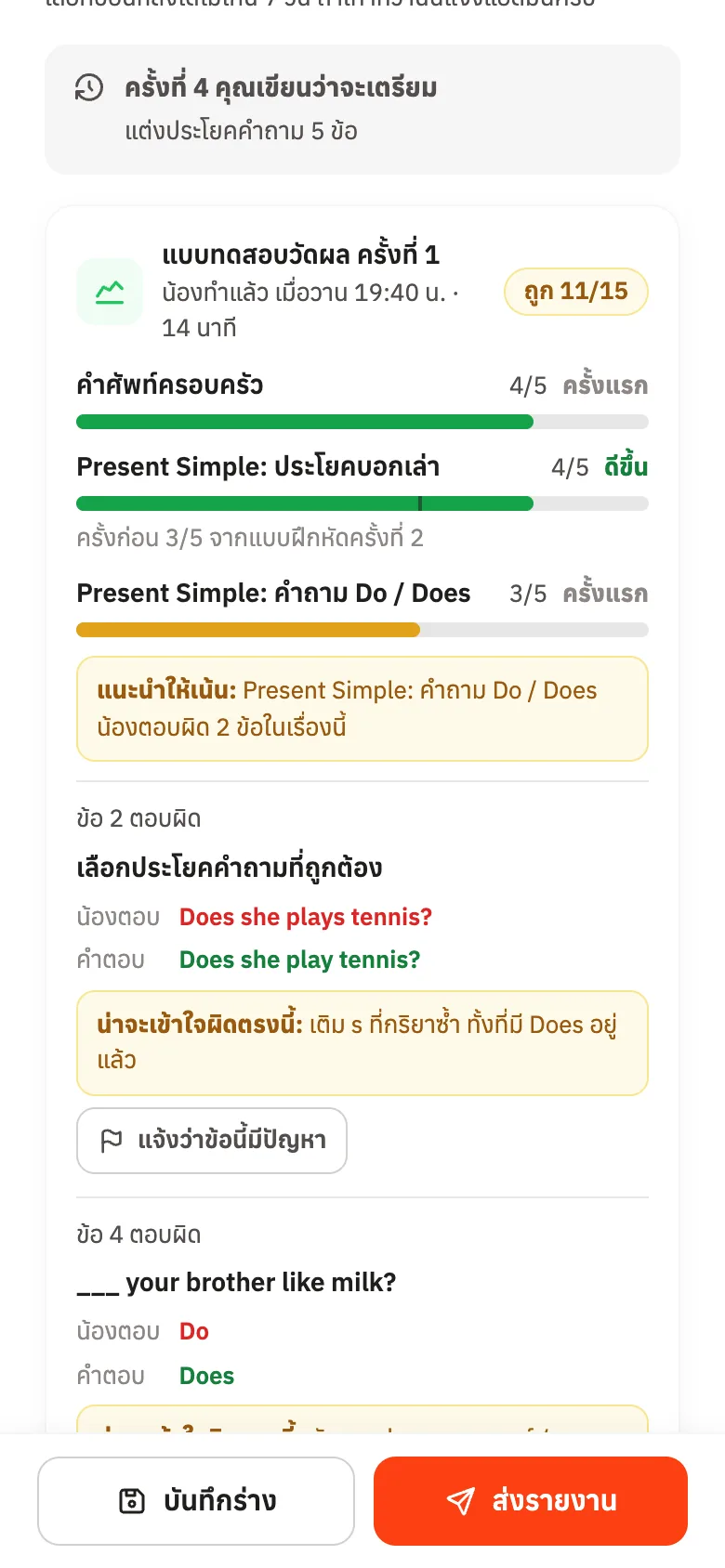 ผลแบบทดสอบวัดผล: คะแนนรายเรื่อง เทียบครั้งก่อน และเรื่องที่ควรเน้น